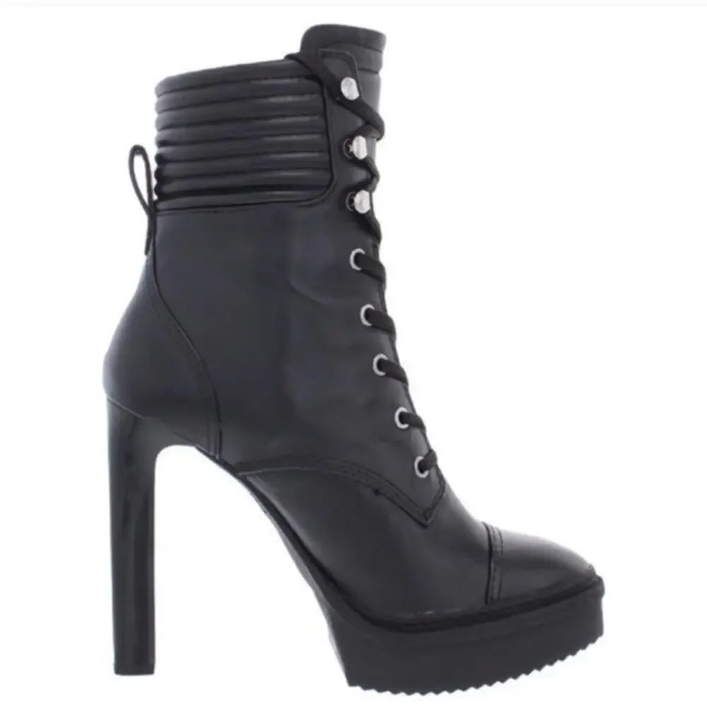 DKNY Steffi Black Leather Platform Combat Ankle Boots Heels Size 8.5